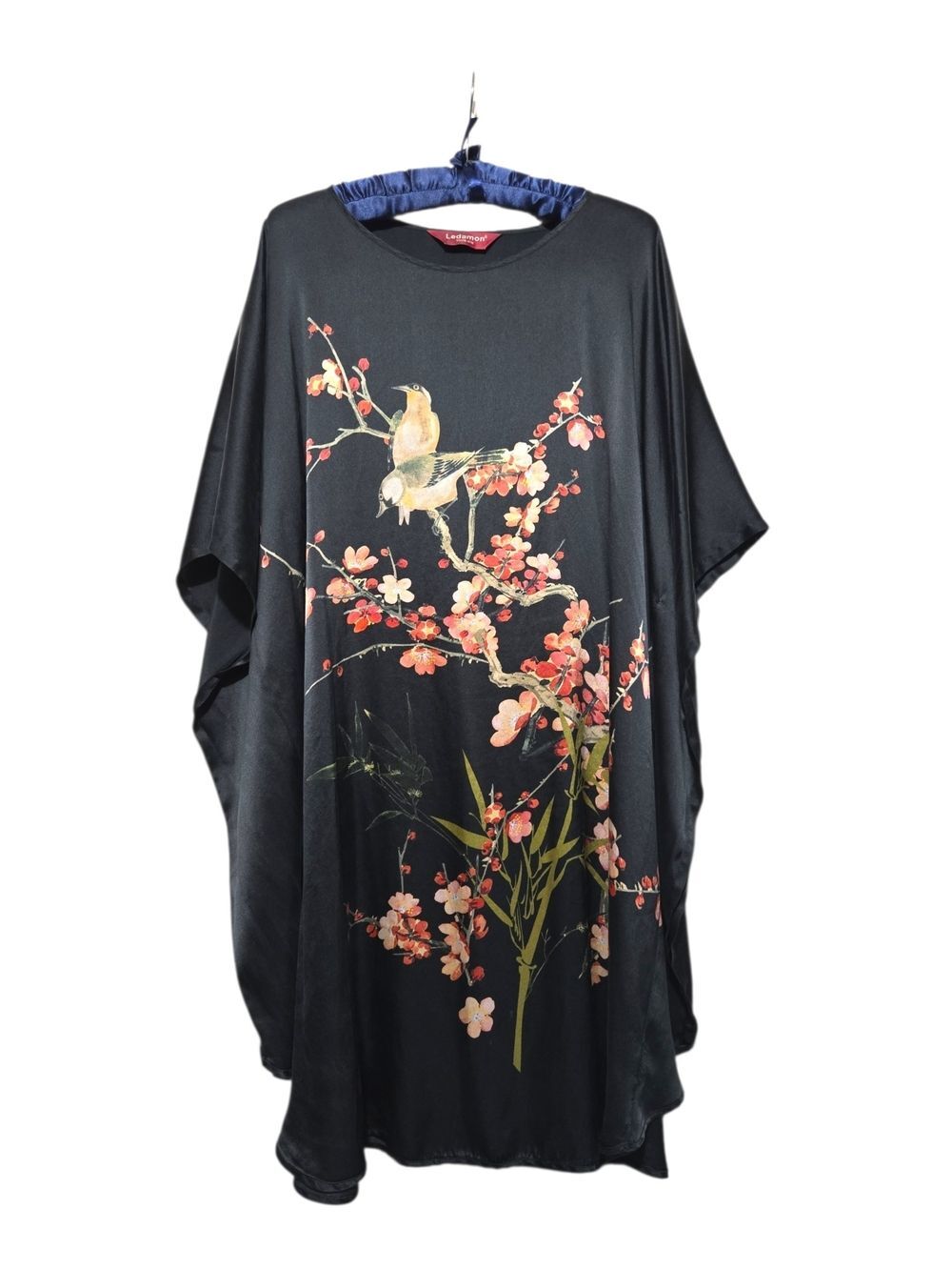 Ledamon 100% Silk Short Robe Kimono Dress with Peach Blossom & Bird Print OS